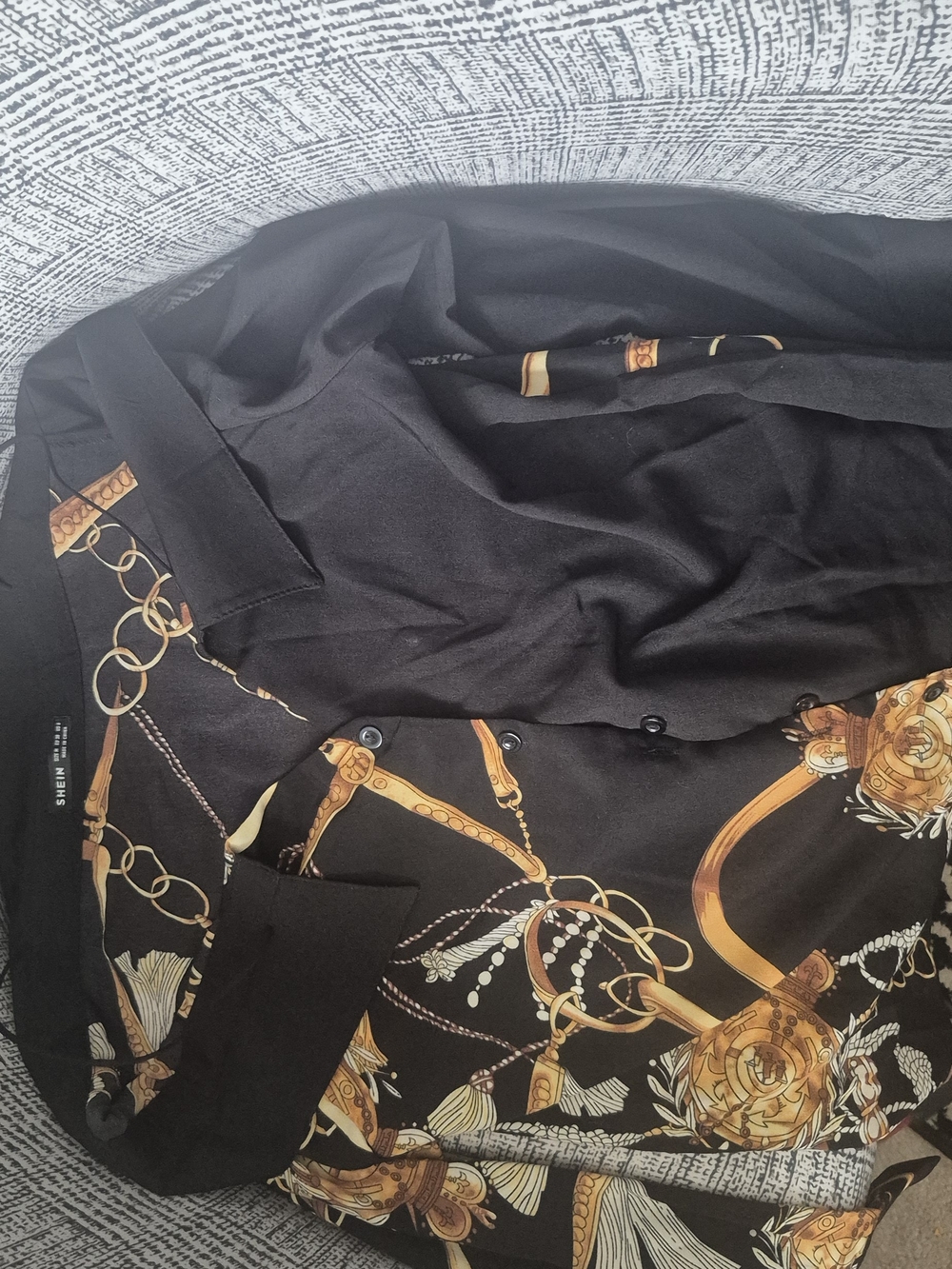 SHEIN Black Blouse with Gold Chain Print